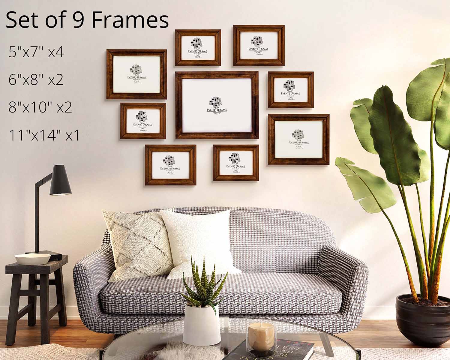 Set of 9 wooden picture frames in various sizes.