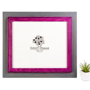 A photo frame with a grey and purple double color rustic design, made from Baltic Birch wood, with a white mat and a picture placeholder in the center, displayed against a white background with a small potted plant to the right. Grey + Purple Custom Frame, Wooden Handmade Picture Frame, Modern Art Frame, Any Size 8x10, 5x7, 5.8x8.3, 7x9, 8x8, 9x12, 12x18, 16x20 20x24
