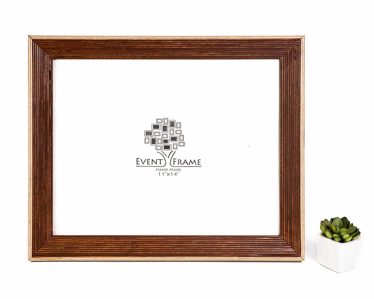 A classic brown wooden picture frame with a white border around the frame, displayed against a white background with a small decorative item to the side. Brown Picture Frame, Wood picture frame, Rustic frames, SIZES: 2x2 4x4 4x6 5x5 5x7 5.5x8.5 6x6 6x8 7x7 7x9 8.5X11 9x11 8x10 10x10 8x12 32x40