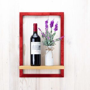 Red unique wooden shelf storage holding wine and flowers in custom colors and sizes.