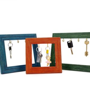 Striped wooden quality frames with hooks to hold keys jewelry and accessories in different colors.