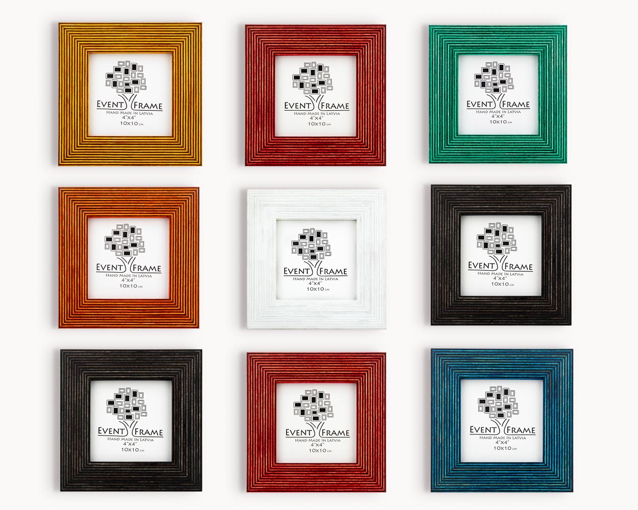 Colorful collage wooden handmade quality picture frame set in custom colors like yellow red green orange white black blue and sizes.