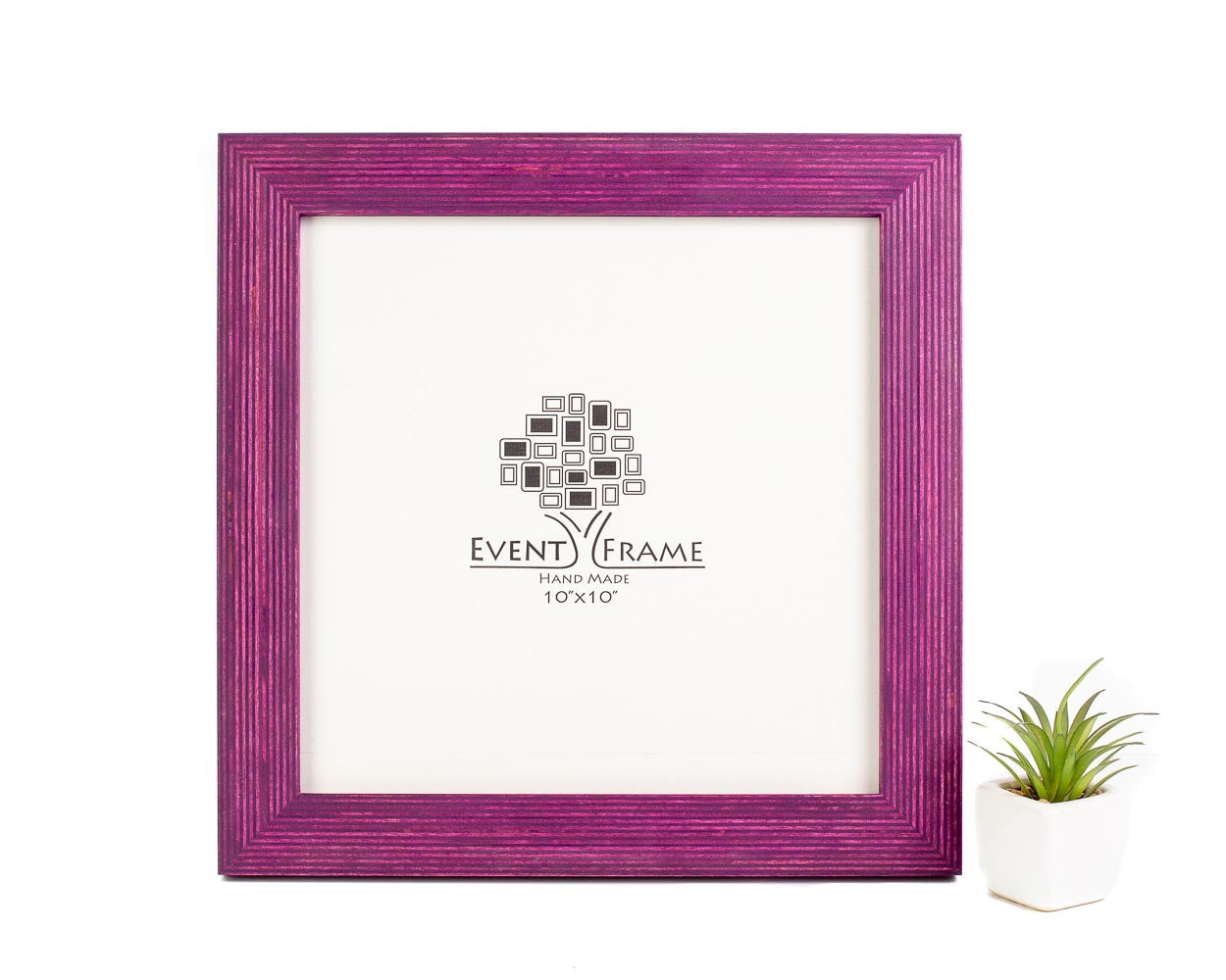 A purple solid birch hardwood picture frame with a unique stripy design, branded with 'EventFrame Toronto'. The frame has a rectangular shape and is shown next to a white vase with a green plant. Purple Picture Frame, Wood Photo Booth Frame, Gallery Wall Frame, Costume Sizes Frame A5 A4 A3 4x4 4x6 5x5 6x8 8x10 10x12 11x14 12x16 18x24