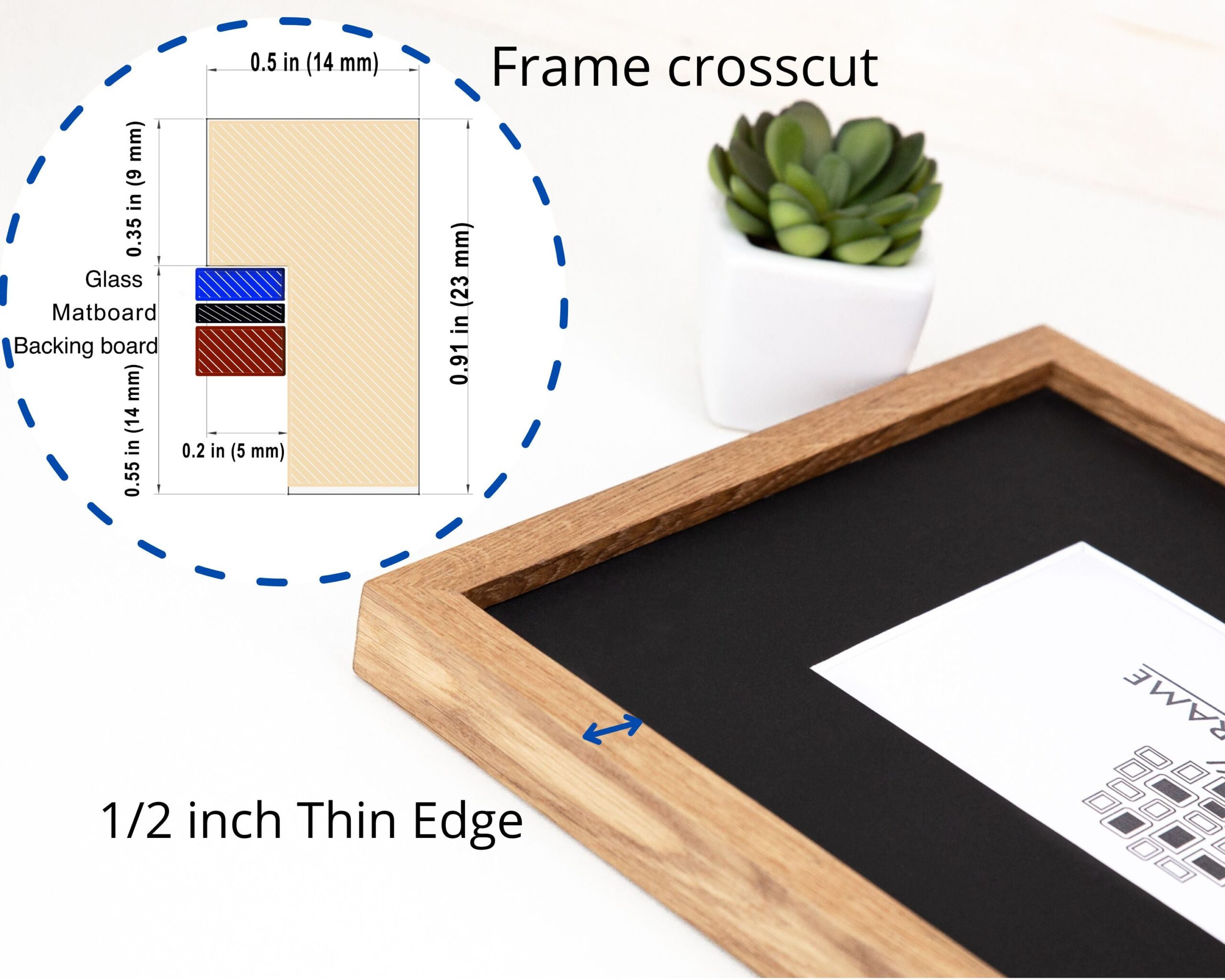 Super Slim Natural Solid Oak Hardwood Photo Frame 1/2 Thin Edge