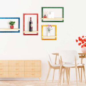 Colorful wooden quality frames shelves storage unit for kitchen above dining table.