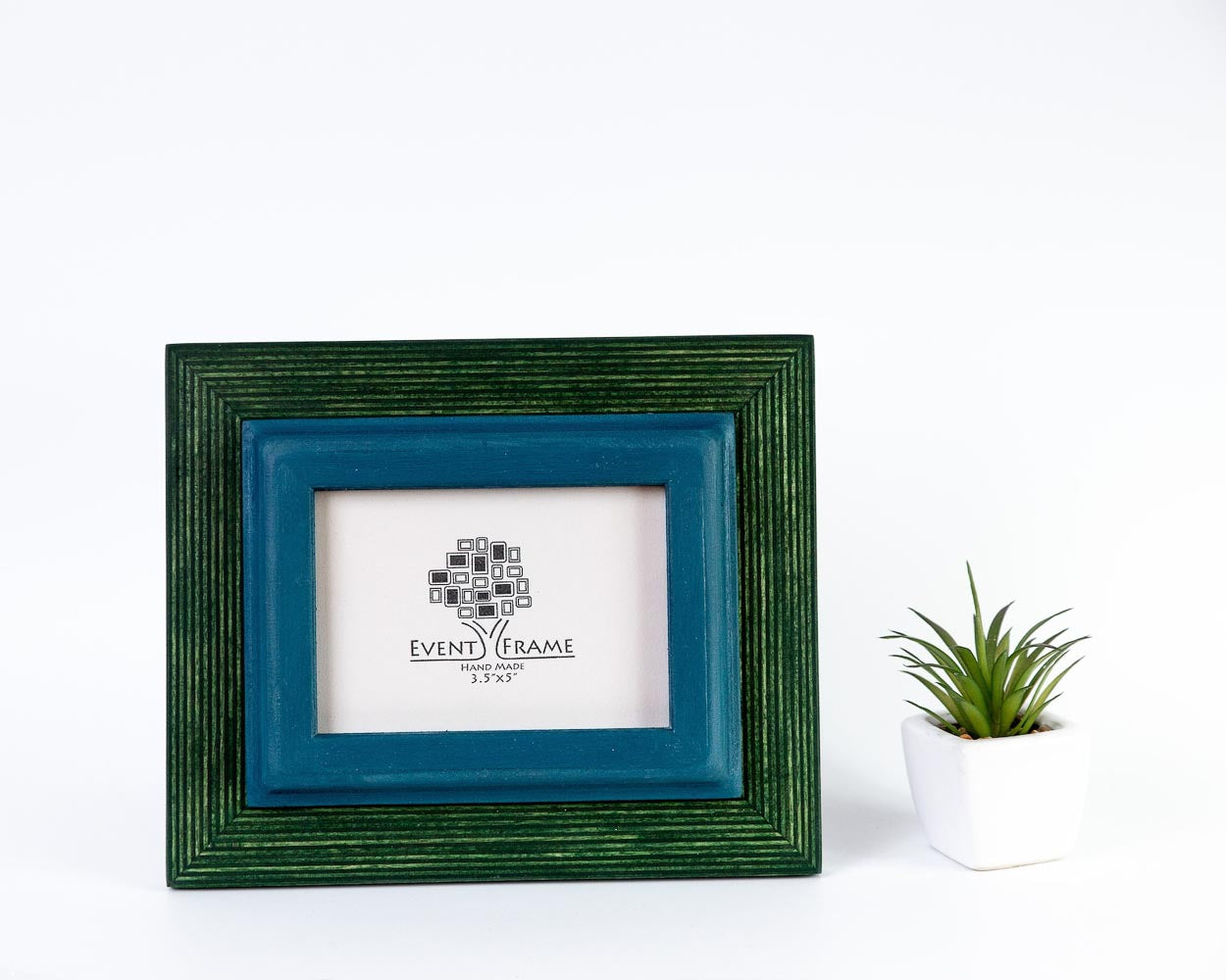blue and green double color picture frame from solid durable long lasting materials birch hardwood in stripy texture design