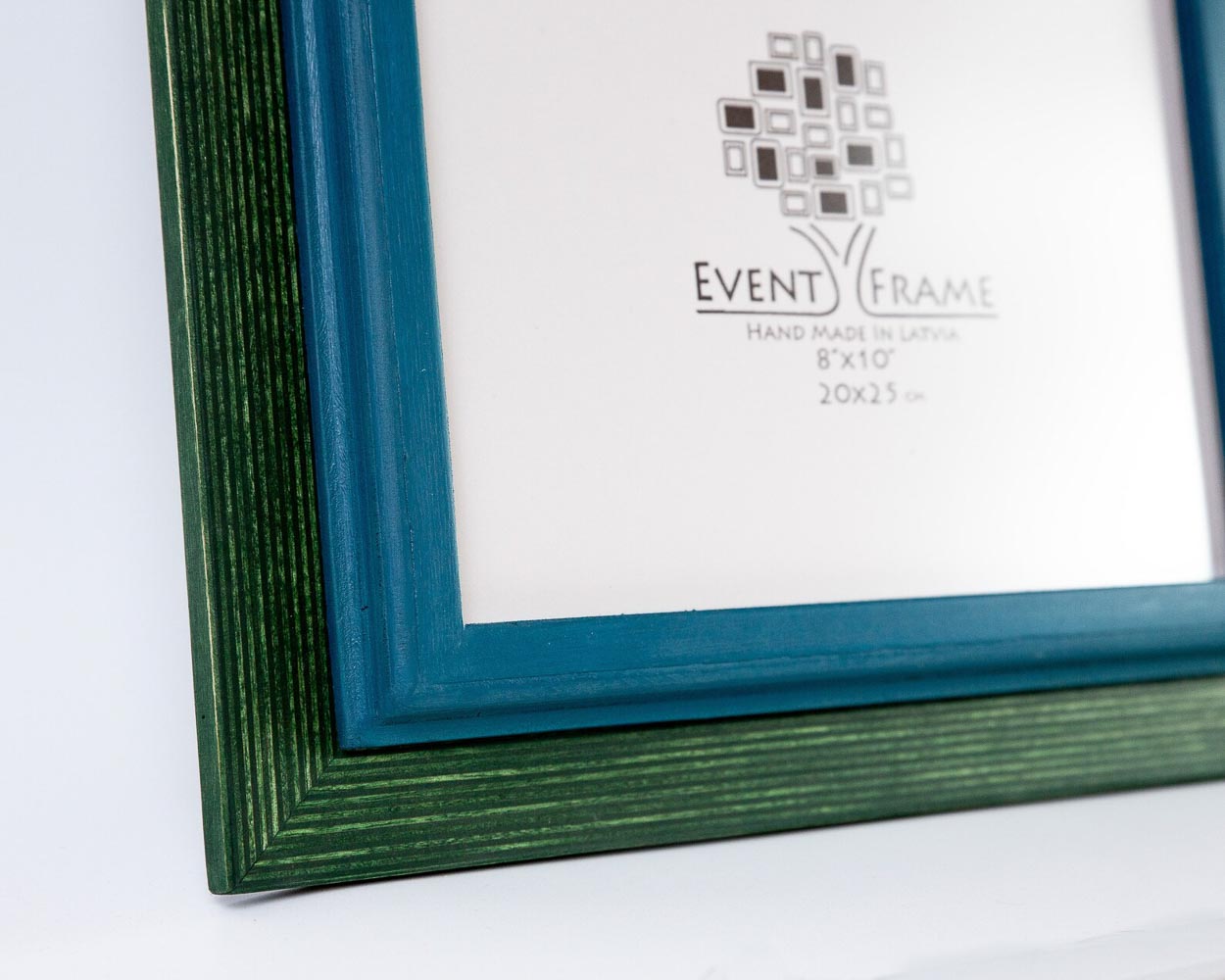 blue and green double color picture frame from solid durable long lasting materials birch hardwood in stripy texture design