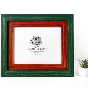 A double green and orange photo frame with a white inner picture, displayed against a neutral background with a small green plant to the side. Green + Orange Picture Frame, Photo Frame with Wooden Mat, Two Tone Gallery Wall Frame, Handmade Poster Frame, Custom Sizes 8x10 24x36 20x30
