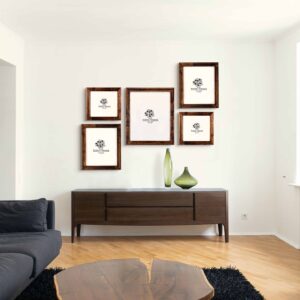 Set of five wooden picture frames placed in a modern home.
