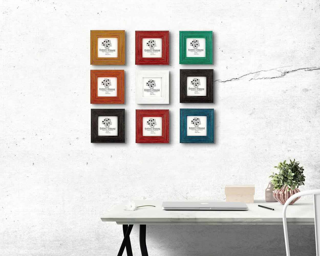 Square 1:1 colorful wooden quality handmade picture frame set placed on an office wall above a desk.