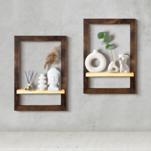 Floating kitchen framed shelves for storing home decor, small plants, candles, made from solid wood.