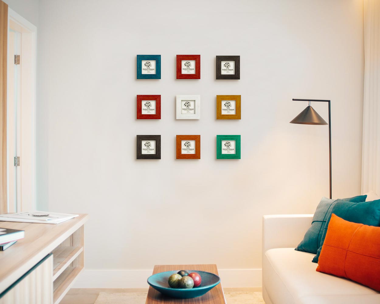 Collage picture frame set in custom sizes and colors set in modern minimalistic home interior above couch.